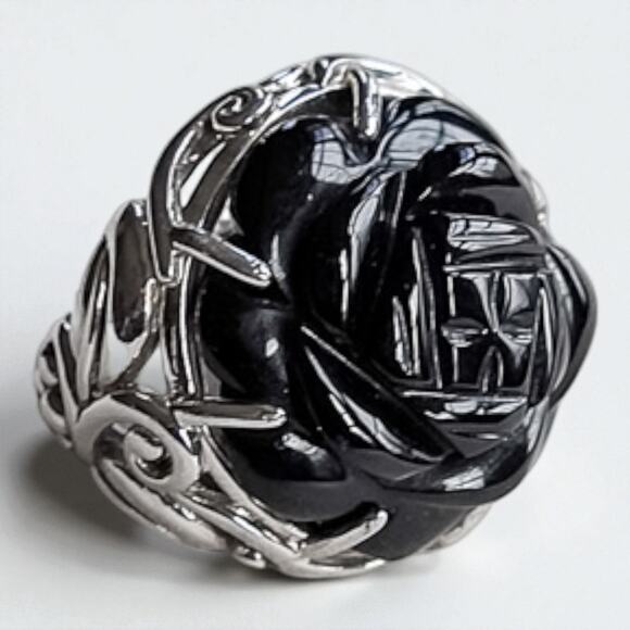 Vintage 925 Silver Carved Black Onyx Rose Ring Size 5.75 Chunky Statement - Picture 2 of 10